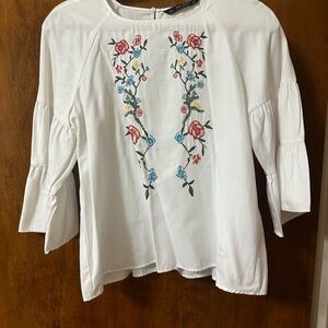 Zara White Blouse with Floral Embroidery
